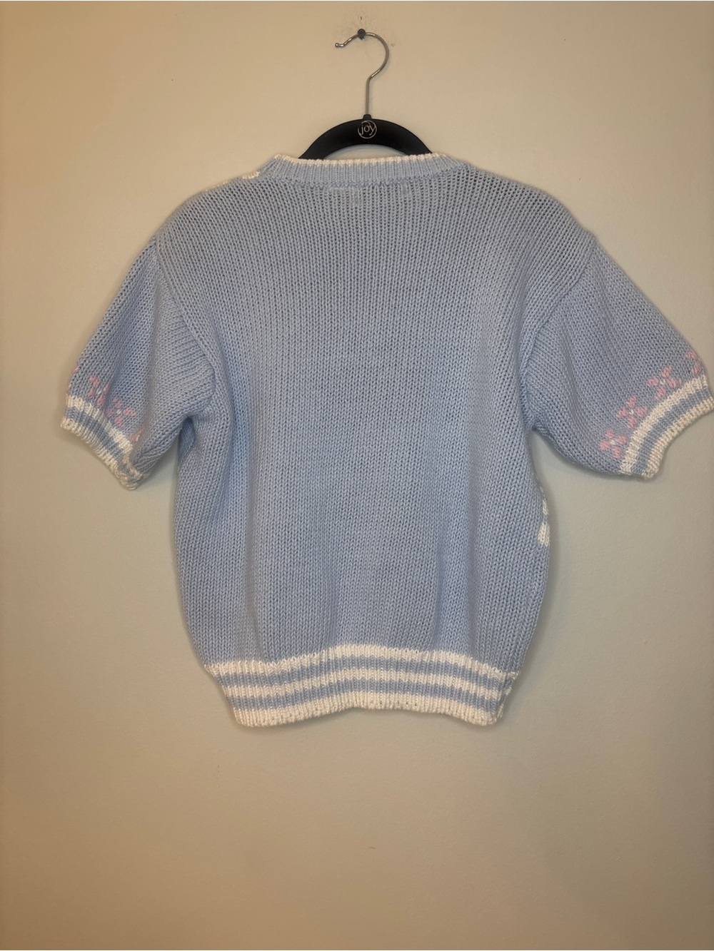 Pastel Blue & White Short-Sleeve Knit Sweater with Pink Accents - Picture 8 of 10